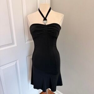 Y2K BLACK CITY TRIANGLES BEJEWELED HALTER‎ NECK MIDI DRESS